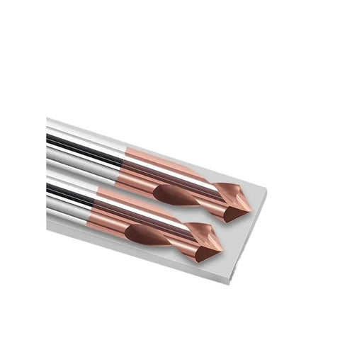 Three-piece carbide spot drill bit set with copper-coated tips and silver shanks (60/90/120-degree) for metal drilling
