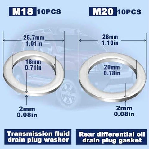Front view of metal drain plug washers for M18 and M20, 10 pcs each (20 total)