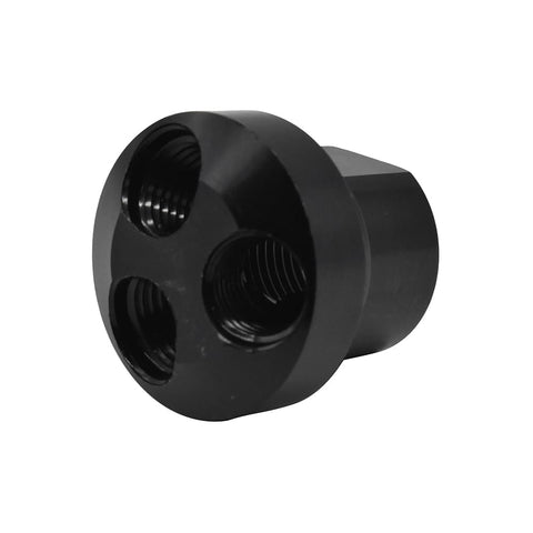 Aluminum Round Pneumatic Manifold 3 Way Adapter With Half Inch Inlet NPT And Three One Quarter Inch NPT Outlets, side view