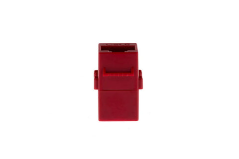 Red Cat6 RJ45 inline coupler/keystone jack, female-to-female Ethernet adapter, front view