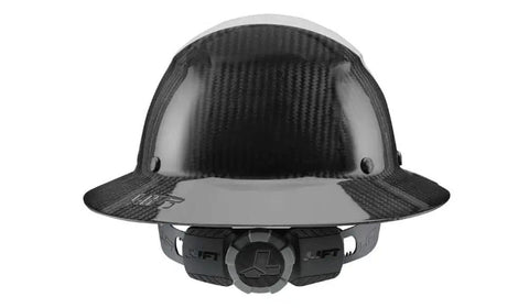 Front view of Carbon Fiber Safety Hard Hat with Lightweight Shell Six Point Suspension, black finish for construction and industrial safety.