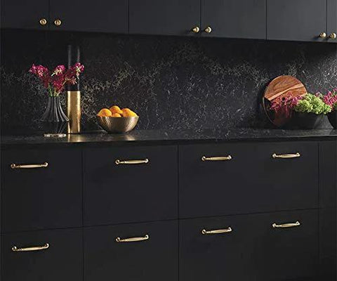 Top Knobs Grace Collection Barrow Pull 7-9/16 Inch Honey Bronze Cabinet Hardware on black kitchen drawers