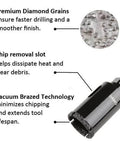 Front view of DAMO 1-1/2 in diamond core drill bit with 39 mm hole saw; black body and diamond grain close-up.