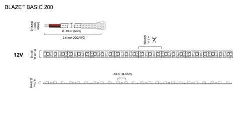 Diagram of Lit 200 LED Tape Light Kit, 12V Warm White 3000K, 16.4 ft Roll, Dimmable, 221 Lumens Per Foot, Indoor Damp Location, UL Listed