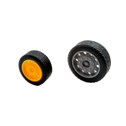 Two assorted rubber wheels from 40 Piece Toy Wheel Set With 20 Metal Shafts For DIY Model Cars Trucks Robots And Helicopters Rubber Wheels