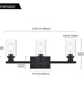 Three Light Vanity Bath Light Over Mirror In Deep Black With Clear Glass Cylinder Shades Industrial Farmhouse Wall Mount Fixture dimensions.