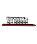 Seven Piece Three Eighths Inch Drive Flex Socket Set Six Point SAE With Universal Access Design and Off Corner Loading Chrome Finish