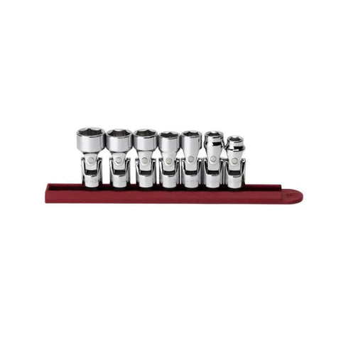 Seven Piece Three Eighths Inch Drive Flex Socket Set Six Point SAE With Universal Access Design and Off Corner Loading Chrome Finish