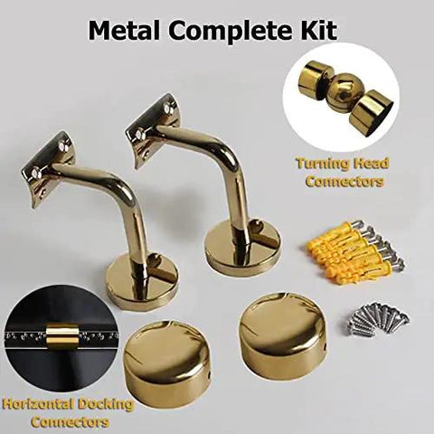 Metal complete kit for Top Shelf Indoor Acrylic Stair Handrail with gold wall mount brackets and connectors.