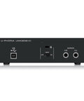 Back view of USB Audio Interface 2x2 24 Bit 192 kHz With Midas Preamps showing USB port and output jacks for Mac or PC use