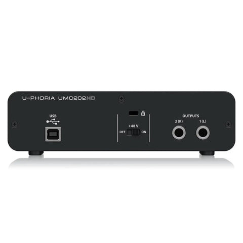 Back view of USB Audio Interface 2x2 24 Bit 192 kHz With Midas Preamps showing USB port and output jacks for Mac or PC use