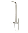 HomeStock Modern Stainless Steel Shower System with Rain Head, Body Jets, Hand Shower, and Storage Shelf in Brushed Finish, side view