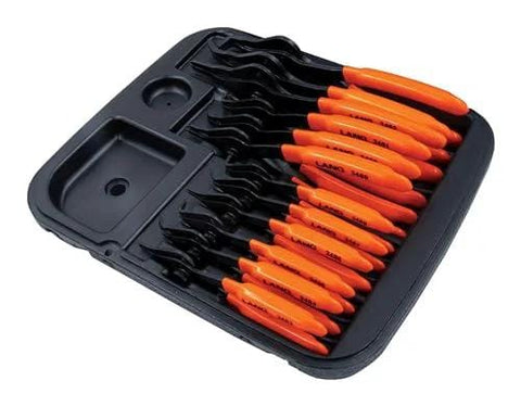 Lang Tools 12-piece orange-handled fixed-tip snap ring plier set in a black plastic case