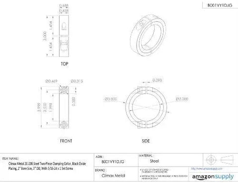 Technical drawing of Two Piece Clamping Collar For Shafts Black Oxide Plated Steel 2 Inch Bore 3 Inch Outside Diameter Set Screw