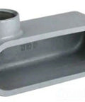 Rock Solid 1.5 Inch Iron Conduit Body With Knockout Ports And Heavy Duty Fitting Hardware, gray metal construction for electrical setups.