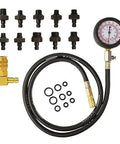 Oil pressure tester kit with 3-inch 0–140 PSI dual-scale gauge, hose, 90-degree elbow, and assorted adapters