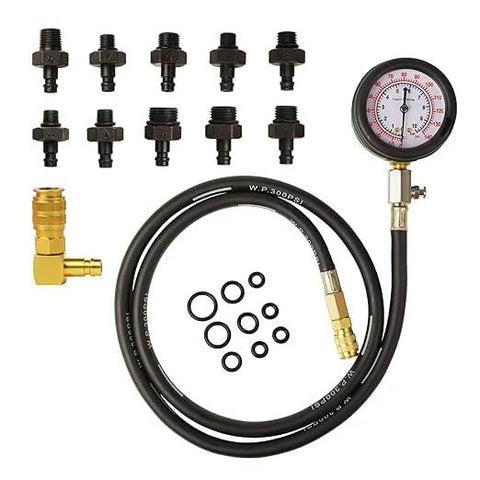 Oil pressure tester kit with 3-inch 0–140 PSI dual-scale gauge, hose, 90-degree elbow, and assorted adapters