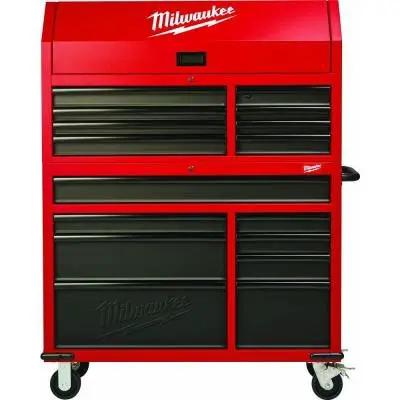 Heavy Duty 16 Drawer Tool Chest And Rolling Cabinet Set 46 Inch Red Black Workshop Storage with secure locks and steel construction.