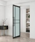 36 In By 84 In Full Lite Opaque Frosted Glass Interior Pivot Door With Black Steel Frame And Pivot Hinge Hardware Kit installed