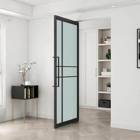 36 In By 84 In Full Lite Opaque Frosted Glass Interior Pivot Door With Black Steel Frame And Pivot Hinge Hardware Kit installed