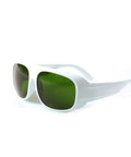 Top-Shelf Laser Protective Glasses Delivering Killer 200-1400nm Beam Blocking Coverage With 10% Light Transmission for Crystal Clear Vision During IPL Work and Heavy-Duty Photonic Optics Eyewear You Can Rely On in white with green tinted lenses.
