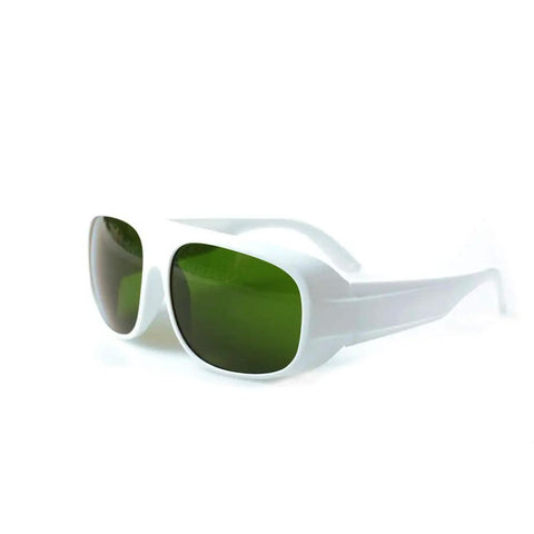 Top-Shelf Laser Protective Glasses Delivering Killer 200-1400nm Beam Blocking Coverage With 10% Light Transmission for Crystal Clear Vision During IPL Work and Heavy-Duty Photonic Optics Eyewear You Can Rely On in white with green tinted lenses.