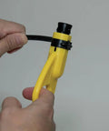 Person using coax install and test kit with crimp tool, tester, stripper, and universal F connectors for quick cable prep.