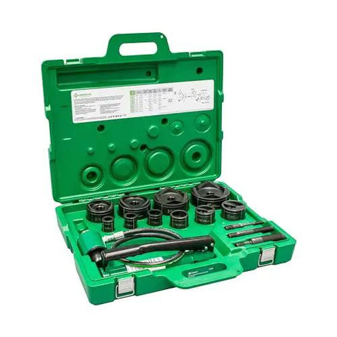 11 Ton Hydraulic Knockout Punch Kit With Hand Pump And Ram, From Half Inch To Four Inch Slug Buster Punches, Dies in green case