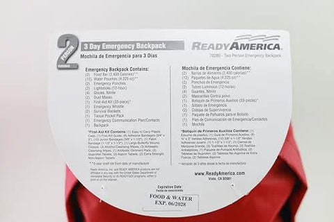 Ready America 70280 red 2-person 72-hour emergency backpack, front view