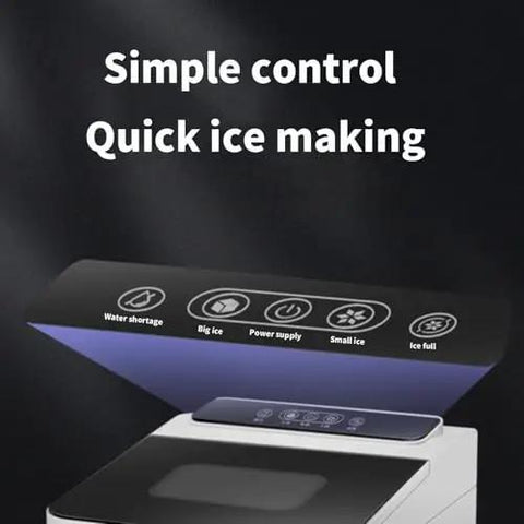 Compact Countertop Ice Maker That Chills Drinks Fast control panel showcasing ice size options and status indicators.