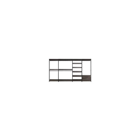 Customizable Wood Walk In Closet Organizer System For Bedroom Storage Maximizes Space Easy Assembly with adjustable shelves and drawer.