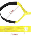 Yellow nylon lift sling strap with black protective sleeve and flat eye loop; 8-inch loop, 5.4-inch width