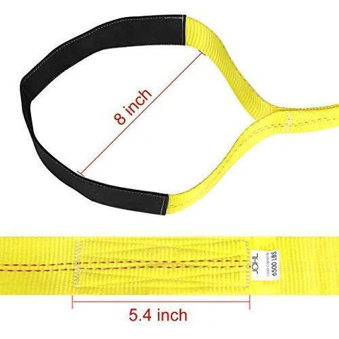 Yellow nylon lift sling strap with black protective sleeve and flat eye loop; 8-inch loop, 5.4-inch width