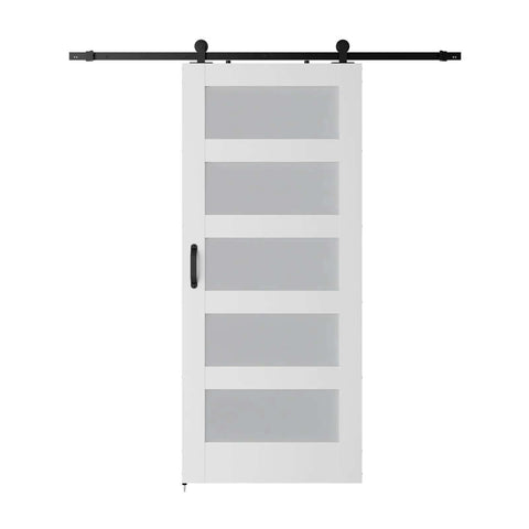 Five Panel Glass Barn Door With Sliding Hardware Kit And Handle Solid MDF Core And Eco Waterproof PVC Veneer White Finish Dope Durable Modern Interior Door Solution For Homes Size 30x84 Inches