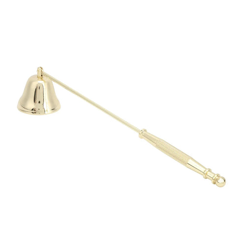 Slick Stainless Steel Candle Snuffer With Ergonomic Long Handle And Hassle Free Wick Control For Tapered Dinner Candles And Fresh Home Decor Setup In Classic Gold Finish on white background.