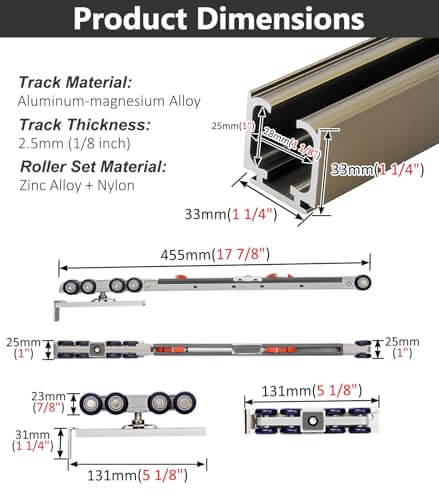 Soft Close Sliding Pocket Door Track Kit With Dual Soft Close Design, 11.2 Ft Barn Door Hardware material and dimensions chart
