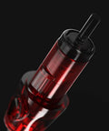 Close-up of Top Shelf 5RL Round Liner Tattoo Needle Cartridge, 316L stainless steel, universal fit, black and red design.