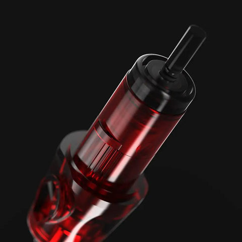 Close-up of Top Shelf 5RL Round Liner Tattoo Needle Cartridge, 316L stainless steel, universal fit, black and red design.