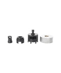 Engine timing tool set front view: four black metal components and a roll of white tape