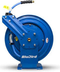 Heavy Duty One Half Inch By Five Hundred Foot Pneumatic Air Hose On Solid Wooden Spool Kink Free Ozone Guarded Rubber Cover mounted on a blue reel.