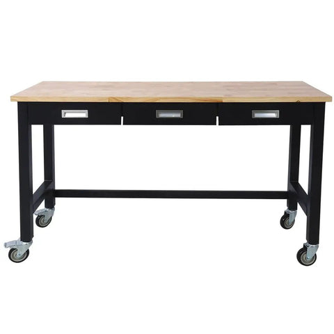Heavy Duty Rubber Wood Top Workbench on Rolling Steel Frame with Drawers 60 Inch Garage Workshop Table with Locking Casters