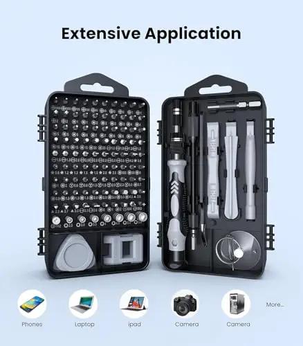 Open All In One 115 In 1 Precision Screwdriver Set With Magnetic Bits DIY Mini Repair Kit for electronics, showing bits and tools