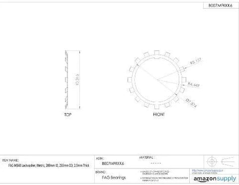 FAG MB40 lock washer, 200 mm ID, 255 mm OD, 2.5 mm thick; top and front views; Amazon Supply