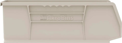 Beige AkroBins stackable clear plastic storage bin for garage and pantry, heavy duty, 15 x 5 x 5 inches, ideal for home organization.