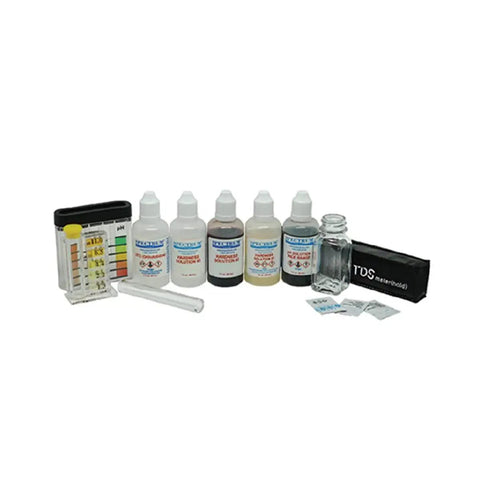 Spectrum Deluxe Water Test Kit For Home And Pros That Measures Hardness Iron pH Chlorine And TDS With Fast Accurate Field Readings kit with bottles, vial, and pH chart