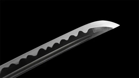 Close-up of 40 Inch Japanese Iaito For Training With Dull Blade Handmade Full Tang Practice Sword tip detail in black background