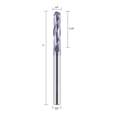 SpeTool 14411 ball nose carbide end mill, double-flute CNC router bit with 1/4 inch shank and 3 inch overall length.