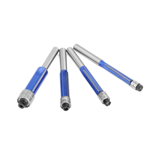 Killer 4Piece Flush Trim Router Bits Set Featuring Rock Solid Carbide Cutters And Dual Ball Bearing Guides That Craft Smoother Than Butter Edges And Flawless Flush Cuts Daily, four flush trim router bits with steel and blue finish.