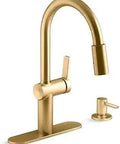 Koi R22940-SD-2MB Pull Down Kitchen Faucet With Soap Dispenser And Vibrant Brushed Moderne Brass Finish High Arc Swivel Spout