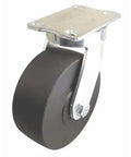 Straight Up Heavy Duty Kingpinless Swivel Plate Caster With Smooth Rolling 6 Inch Non Marking Nylon Wheels Solid As A Rock 4100 Lb Load Rating For Warehouse Jobs, close-up view of caster with a metal plate and black wheel.